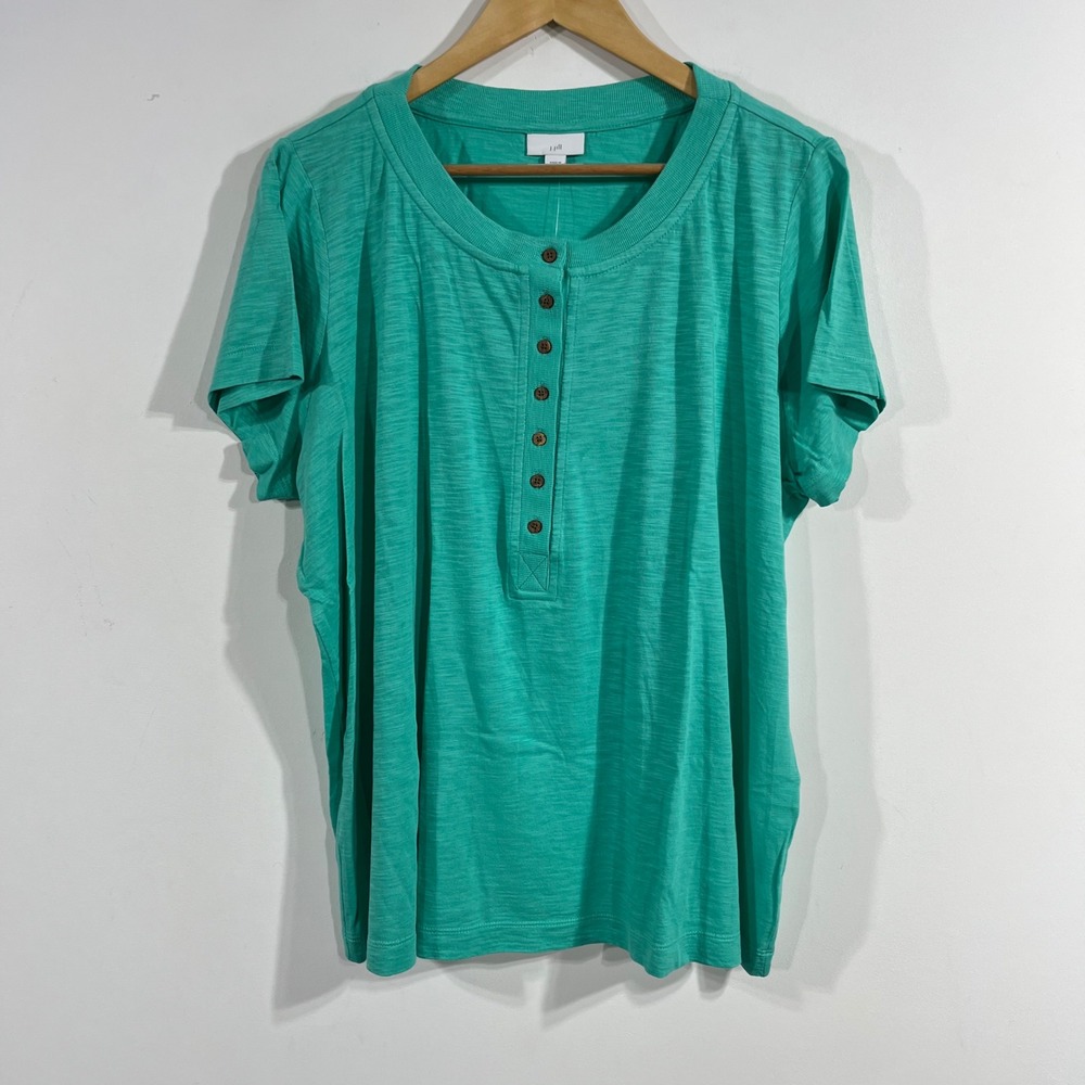 J. Jill Boho Green Slub Knit Henley Short Sleeve Cotton Tencel Top Womens XL